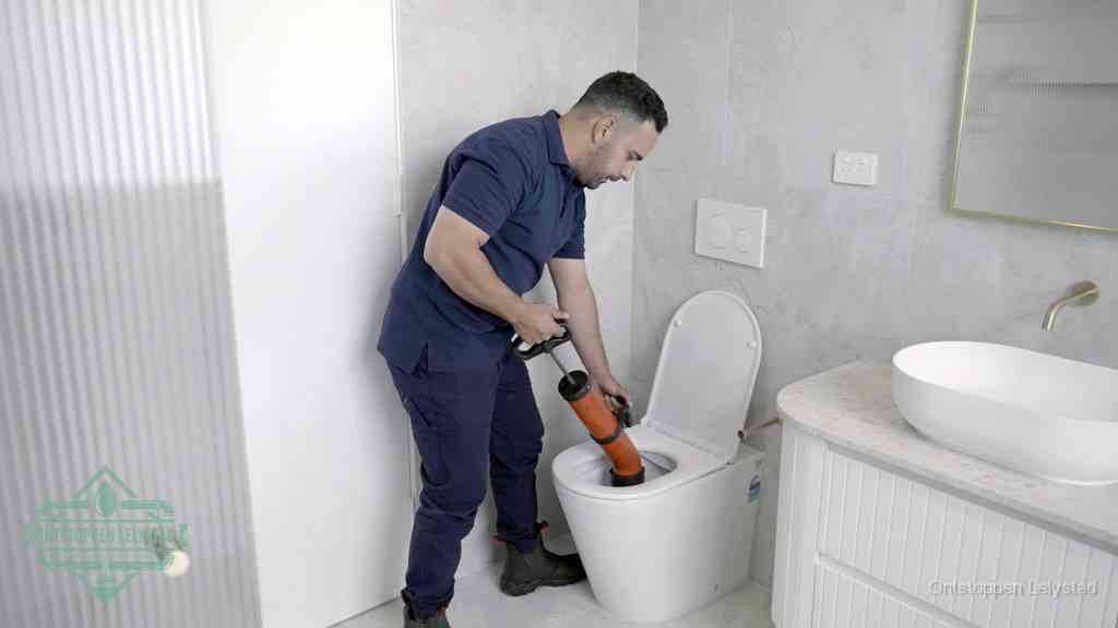 Een monteur buigt over een wandcloset en duwt met de hand een persluchtontstopper in de toiletpot om de verstopping handmatig los te maken in Lelystad