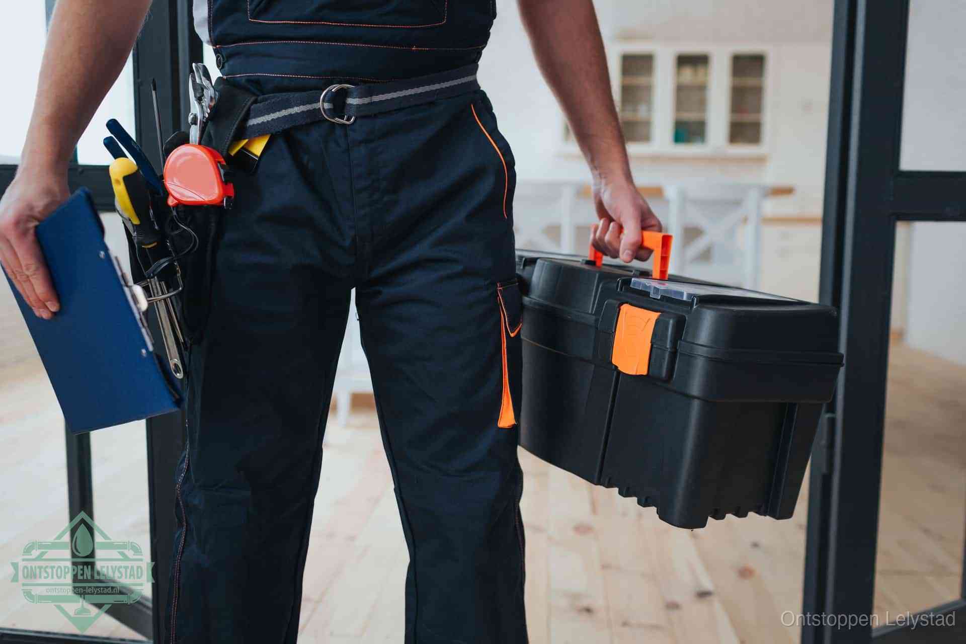 Een monteur met gereedschapsriem en klembord in een keuken, klaar om een transparante prijs voor het gootsteen ontstoppen in Lelystad te geven