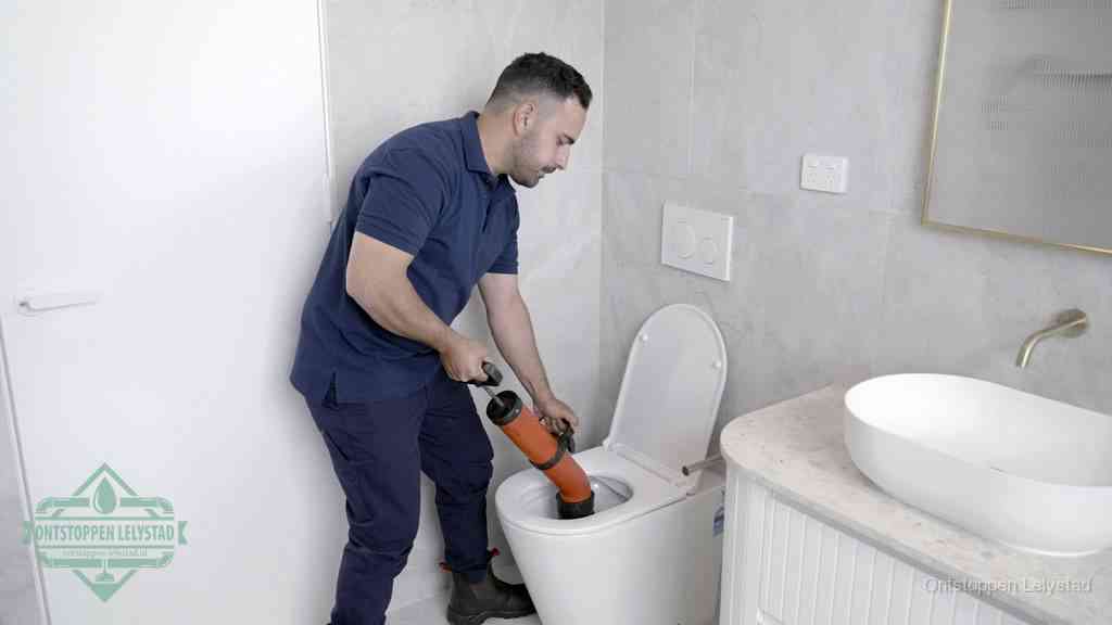 Een monteur gebruikt een handmatige perspomp (toiletontstopper) op een wandcloset tijdens het professioneel wc ontstoppen in Lelystad