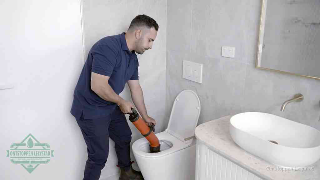 Een man gebruikt een handmatige luchtdruk-ontstopper in een modern betegeld toilet om zelf de wc te ontstoppen in Lelystad